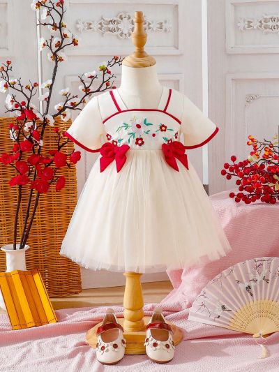 Baby Girls' Adorable Embroidered Flower Mesh Patchwork Chinese Style Elegant Design Hanfu Dress