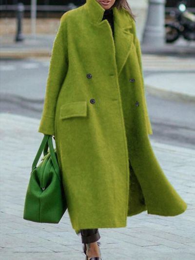 Plus Size Wool Blend Coat With Notch Lapel And Mock Pockets