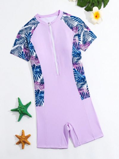 Teen Girls' Tropical Plant Printed Short Sleeve One-Piece Swimsuit