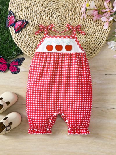 Baby Girl's Cute Gingham & Fruit Patterned Suspenders Jumpsuit For Summer