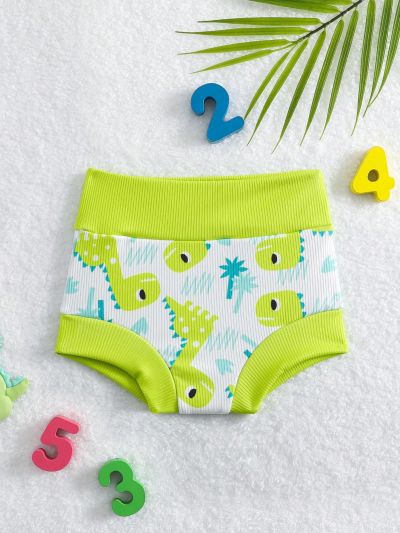 SHEIN Infant Boys' Cartoon Pattern Printed Swim Shorts, Newborn