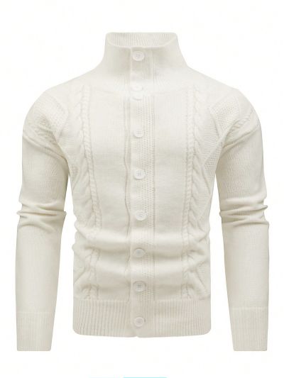 Men's Solid Stand Collar Cardigan With Front Button Closure