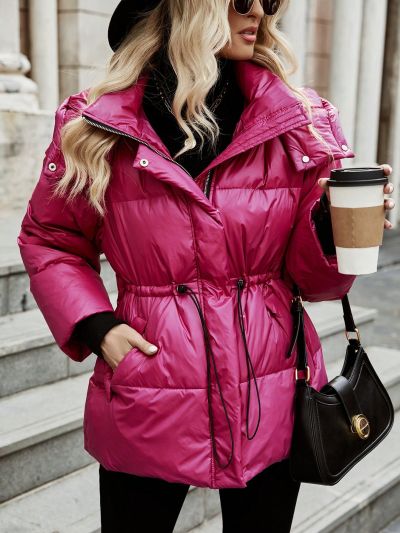 SHEIN Frenchy Drawstring Waist Drop Shoulder Zipper Hooded Down Coat