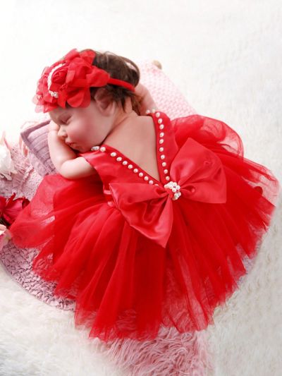 Valentine'S Day Red Baby Girls' Photography Dress With Mesh & Beaded Bowknot Detail, Rose Flower Headband Set