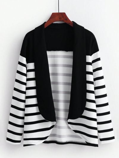 SHEIN LUNE Plus Size Striped Shawl Collar Coat