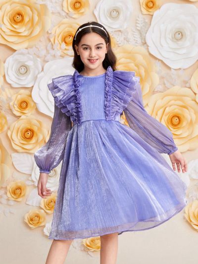 SHEIN Tween Girls' Slim Fit Gorgeous Double-Layered Mesh Dress With Ruffle Collar And Sheer Sleeves