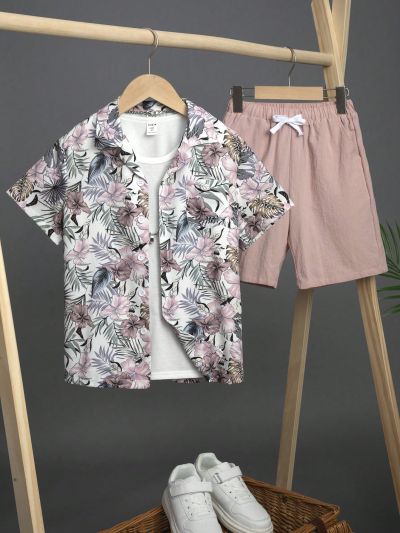 SHEIN Teens' Casual Tropical Printed Short Sleeve Shirt And Shorts Set, Summer