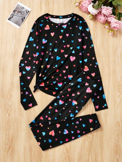 SHEIN Teen Girls' Knit Heart Pattern T-Shirt And Pants Homewear Set