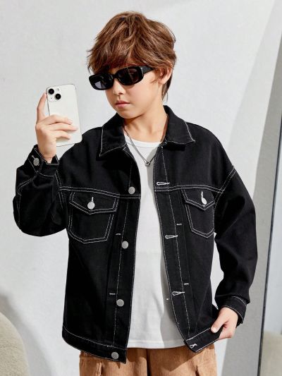 SHEIN Tween Boys' Loose Fit No Stretch Denim Jacket In Regular Style