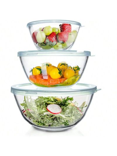 Glass Mixing Bowls with Lids Set of 3 - Large Kitchen Salad Space-Saving Nesting Bowls, Round Serving Bowls for Cooking,Baking,Prepping,Dishwasher Safe