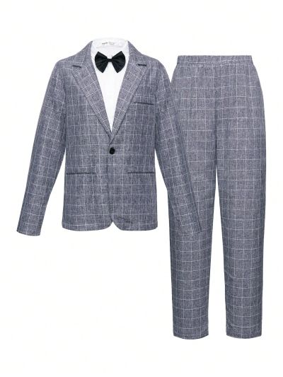 Teen Boy 1pc Plaid Lapel Collar Blazer & 1pc Suit Pants & 1pc Bow Without Shirt