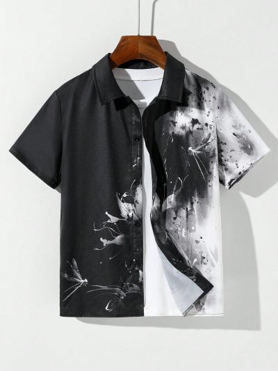 SHEIN Kids EVRYDAY Tween Boys' Casual Gradient Printed Short Sleeve Shirt With Collar And Placket