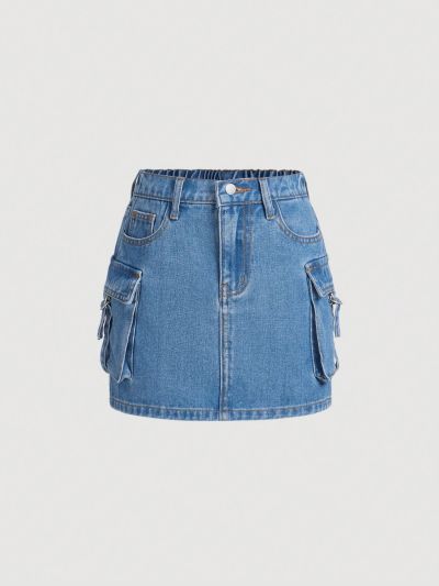 SHEIN Tween Girls' Denim Utility Skirt With Pockets