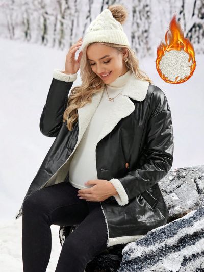 SHEIN Pregnant Women's Faux Leather Plus Velvet Jacket With Turn-down Collar
