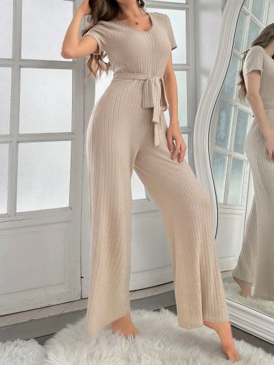 Women's Ribbed Short Sleeve Jumpsuit With Belt, Home Wear