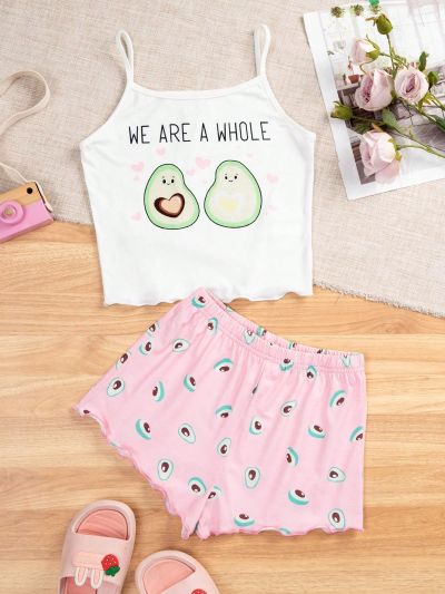 SHEIN Tween Girl's Knitted Avocado Pattern Tank Top And Loose Knitted Shorts Home Wear Set
