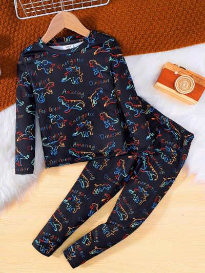 SHEIN Toddler Boys' Dinosaur Print Tight-fit Round Neck Long Sleeve Top And Pants Pajama Set