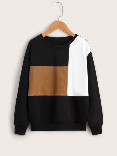 SHEIN Teen Boys' Casual, Comfortable, Versatile & Stylish Three-Color Patchwork Sweatshirt
