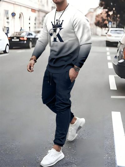 Men'S Gradient Letter Print Sweatshirt And Sweatpants Two-Piece Sets