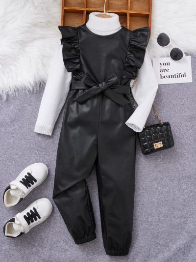 SHEIN Kids FANZEY Toddler Girls Ruffle Trim Belted PU Jumpsuit Without Tee