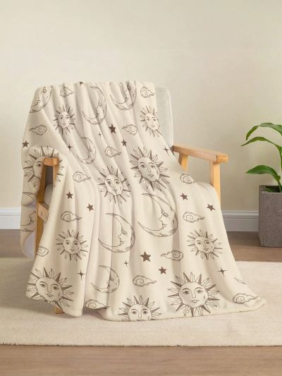 Ariqdhaksinargha 1pc Retro Hand-Painted Esoteric Sun Moon Cloud Star Printed Blanket, Soft Plush Warm Throw For Home Decoration, Living Room, Sofa, Chair And Bedroom
