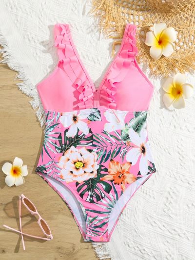 Tween Girls' One Piece Swimsuit With Tropical Print And Ruffle Trim (Print Random)