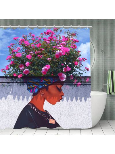 African Woman Shower Curtain Afro Black Art Green Leaves Women Watercolor Design Bathroom Accessories Waterproof,Machine Washable Bathtub Curtains with 12 Hooks 72" W x 72" L -Rose Flower Girl