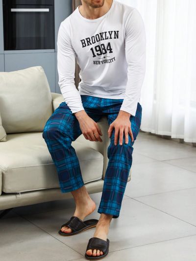 Men'S Letter Print Top And Checked Pants Homewear Set