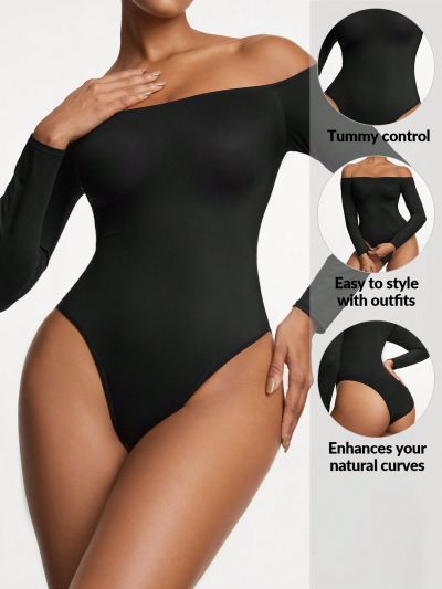 SHEIN SHAPE Women'S Solid Color One-Shoulder Bodysuit For Body Shaping