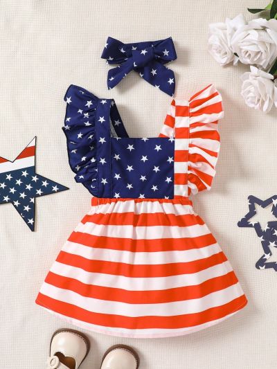 Baby Americana Print Ruffle Trim Dress With Accessory Headband