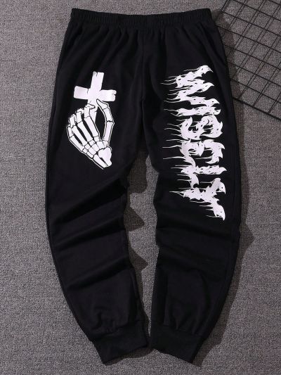 Manfinity EMRG Men's Cross & Skull Hand & Letter Printed Sweatpants
