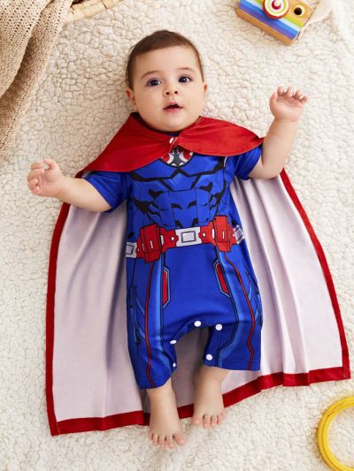 SHEIN Baby Boys' Romper Shorts And Cape Superman Costume