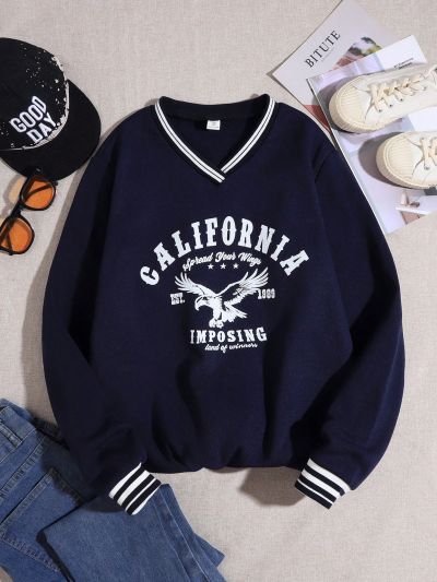 Teen Girls' Letter Printed Striped Collar And Cuffs Sweatshirt