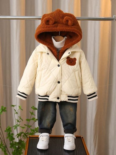 Toddler Boys' Cartoon Embroidery Striped Collar Contrasting Colored Padded Jacket