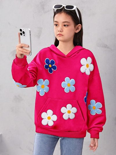 SHEIN Tween Girls' Loose Fit Vintage Floral Print Hoodie With Kangaroo Pocket