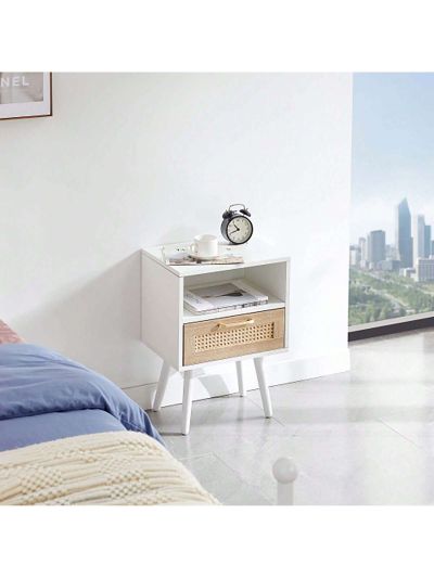 Solid Wood+MDF 15.75" Rattan End table with Power Outlet & USB Ports , Modern nightstand with drawer and solid wood