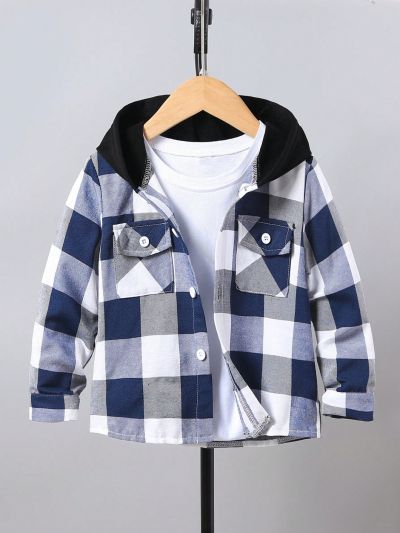 SHEIN 1pc New Style Boys' Fall Winter Hooded Coat With Plaid Flip & Front Pockets