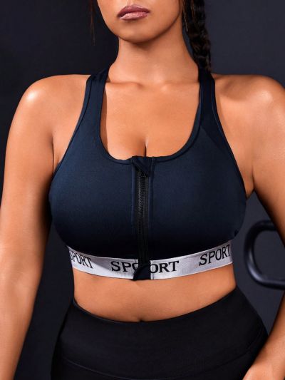 Yoga High Street Plus Size Letter Design Front Zipper Sports Bra