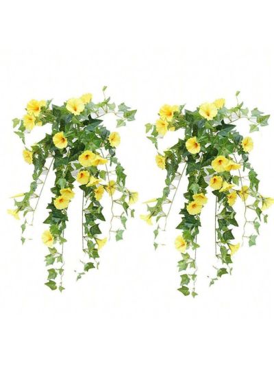 Artificial Flowers 2 Pcs Set, Vines Simulation Morning Glory Hanging Fake Green Plant for Home Garden Fence Stairway Outdoor Wedding Hanging Baskets Decor Yellow