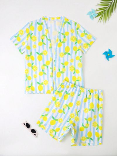 Teenage Boys' Blue & White Striped Lemon Print Swimwear Set
