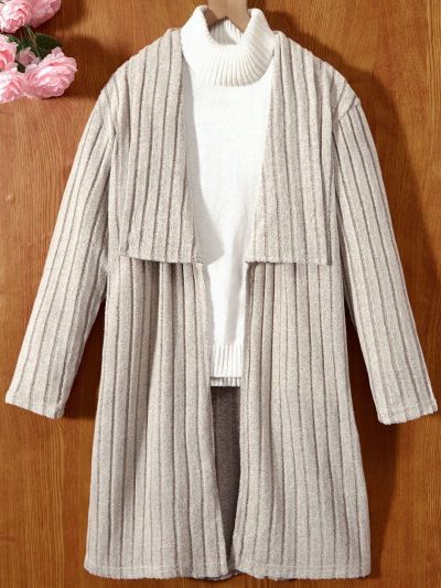 Teen Girls' Turn-Down Collar Solid Color Knit Ribbed Jacket