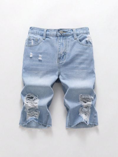 Tween Boys' Loose Fit Frayed Hem Light Wash Ripped Denim Shorts