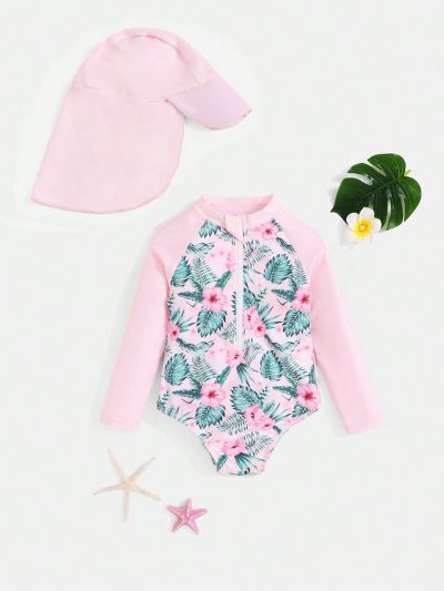 SHEIN Baby Girl Casual Plant Pattern Colorblock Long Sleeve One-Piece Swimsuit With Hat