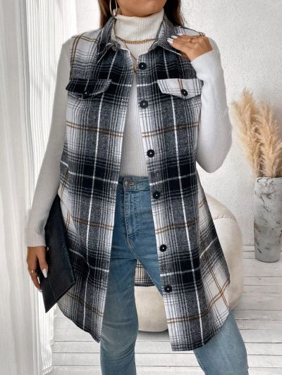SHEIN Frenchy Plus Plaid Print Flap Detail Vest Overcoat