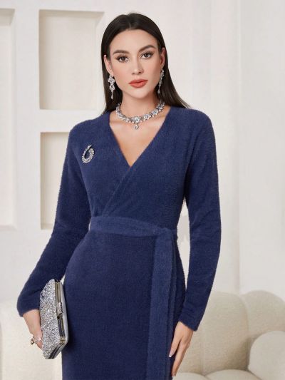 SHEIN Modely Wrap Neck Belted Long Sleeve Sweater Dress