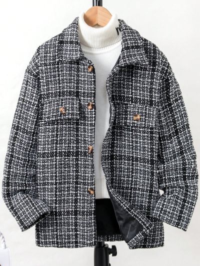 SHEIN Kids HYPEME Tween Boy Plaid Pattern Flap Detail Tweed Overcoat Without Sweater