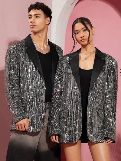 Manfinity Unisex 1pc Men's Loose-Fit Blazer With Glitter Splice Design