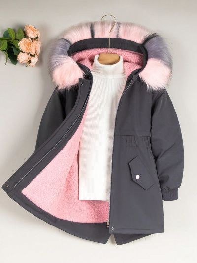 Girls' Long Coat With Fur Collar