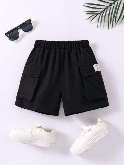 SHEIN Boys' Elastic Waist Flap Pocket Denim Shorts With Side Stripe Detail