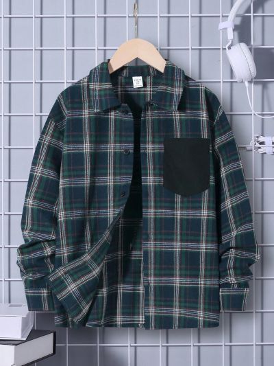 SHEIN Tween Boy Plaid Print Pocket Patched Shirt